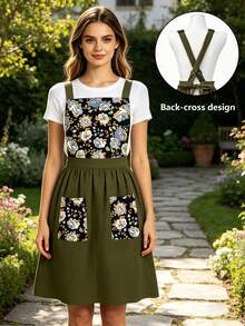 Women's Floral Print Apron Dress, Vintage Garden Style Kitchen Apron, Cute Sleeveless Ruffle Pocket Smock Dress, Suitable For Home And Gardening - Multicolor - View 3