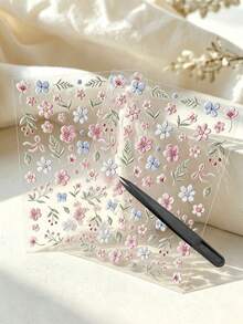 1 Set Decorative Stickers With Tweezers, Aesthetic Style, Exquisite Embroidery-Like Macaron Color Spring Floral Pattern, Suitable For Laptop, Phone Case, Camera, Tablet, Water Bottle, Storage Box, Furniture And Metal Decoration - Pink and Blue Floral Stickers - View 7