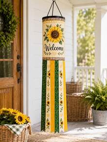 1pc Sunflower Welcome Wind Vane, Farmhouse Style Polyester Hanging Wind Chime With Cylindrical Top, Yellow-Green Long Tassel Tail, Floral Heart Print, Suitable For Porch, Patio, Balcony, Garden, Yard, Front Door, Summer & Autumn Home Decor - A - View 6