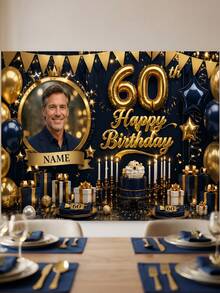 Personalized Black & Gold Happy Birthday Backdrop, Custom Photo And Name Poster For Party Decorations, Birthday Gifts, Gallery Decor, Photo Booth Props, Reusable Unique Background Photography Display, Ideal Gift For Him, Aesthetic Birthday Display - Multicolor - View 5