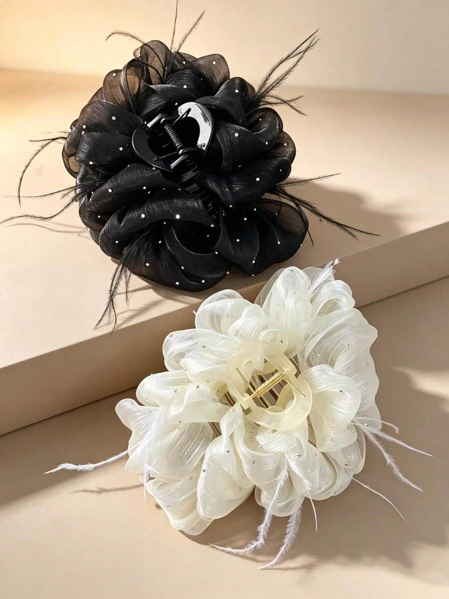 1 buah Jepit Rambut Wanita Berbahan Jala Halus dengan Hiasan Bunga dan Bulu Imitasi, Jepit Rambut Kain Berbulu dengan Rhinestone, Aksesori Rambut Besar yang Menenangkan untuk Sanggul, Aksesori Rambut Pengantin, Kembali ke Sekolah - MultiWarna - View 1