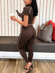 Spring/Autumn Women's New Round Neck Short Sleeve T-Shirt And Casual Daily Elastic Waist Loose Long Pants 2 Pieces Set, Lightweight Outfit Suitable For Daily Commute And Other Occasions - Dark Brown - View 10