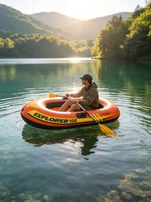 Bote inflable Explorer 100 individual, PVC pesado a prueba de fugas, inflado rápido con agarres antideslizantes, flotador plegable y portátil con remo & cuerda, para deriva en río, pesca en lago, camping junto al río, deportes acuáticos de verano para adultos & familia - Multicolor - Ver 6