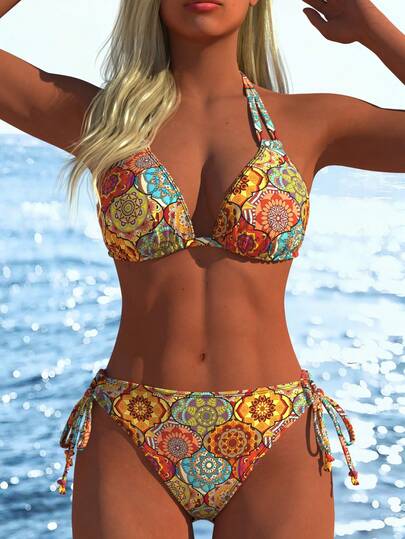 Conjunto de biquíni halter para mulher, estampado mandala vibrante, fato de banho casual e sexy para praia, nova coleção, roupa de férias de verão e viagem