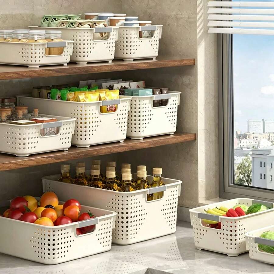 6 Keranjang Penyimpanan Tipis dengan Pegangan, Sempurna untuk Pengorganisasian Dapur dan Kamar Mandi, Keranjang Penyimpanan yang Dapat Ditumpuk dan Disusun, Mudah Dirakit, Keranjang Rak Buku Hemat Ruang, 1/4/6pcs