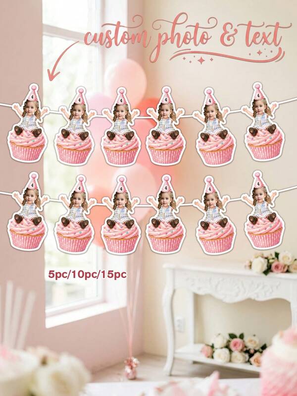 Customized Photo Cupcake Girl Birthday Banner, Cupcake Girl Bunting, 1st, 2nd, 3rd, 4th Birthday Party Decoration, Baptism Party, Dessert Theme, Milestone Growth