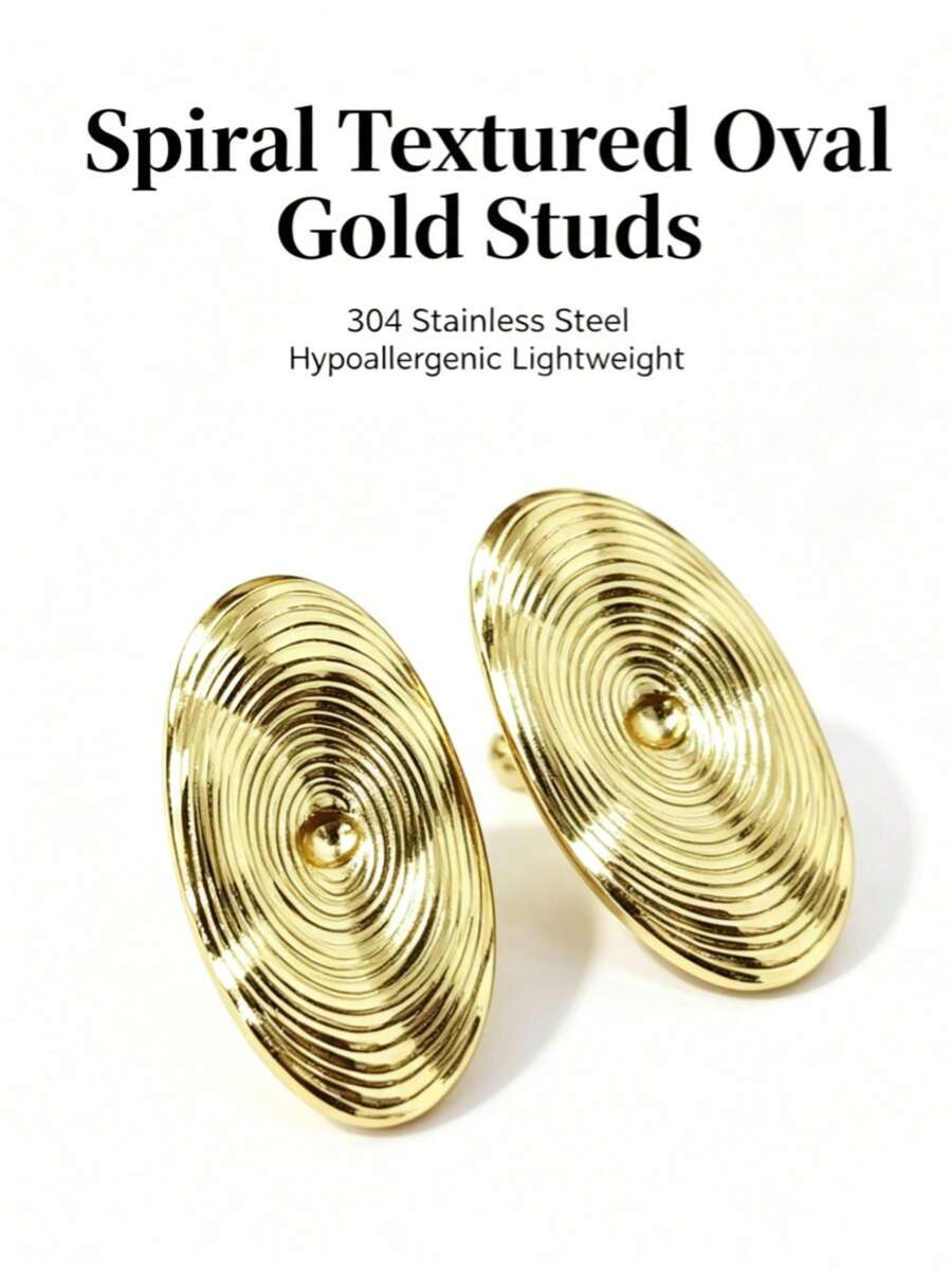 1 Paar Vintage Spiralwellen ovale goldene Ohrstecker, 304 Edelstahl hypoallergen geometrisch strukturierte Metall Ohrringe, Vintage leichte Schmuckstücke für Frauen, geeignet für Alltag, Büro, Party Anlässe - Goldene ovale Ohrstecker mit Spiralwellen-Design - Übersicht 1
