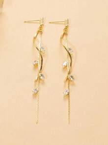 2pcs/Set Women's Zirconia Elegant Long Leaf Tassel Earrings, Ins Style Twisted Long Pendant Earrings, Suitable For Daily Wear - Gold - View 3