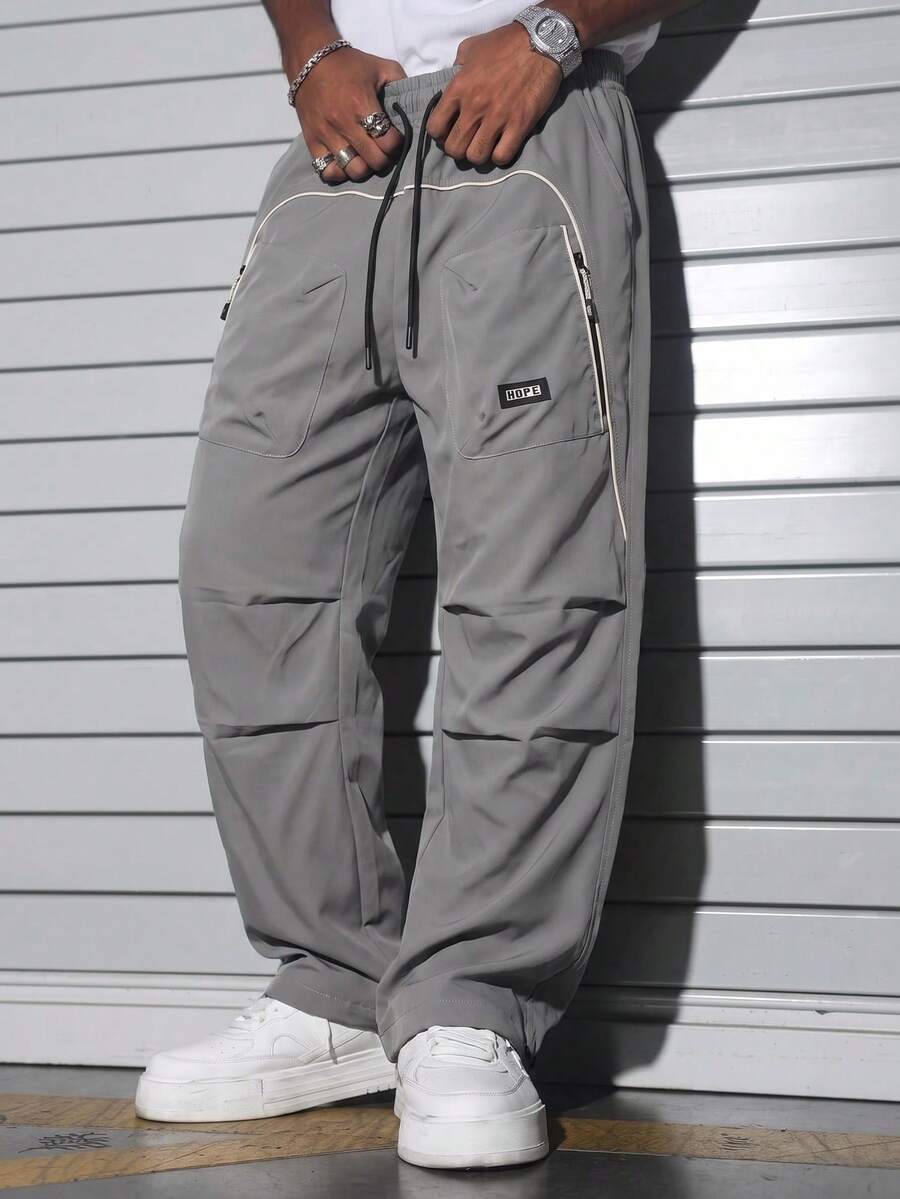 1pc Men's Spring/Autumn Functional Style Casual Pants, Multi-Pocket Loose Straight Leg With Side Zipper And Contrast Color Line, Suitable For Daily Commute And Streetwear - Grey - View 1