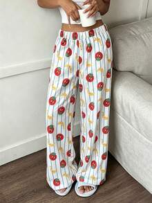 Women's Long Pajama Pants, Elastic Waist, Vertical Striped Tomato & Banana Cartoon Print, Loose Straight Leg Lounge Pants - Multicolor - View 3