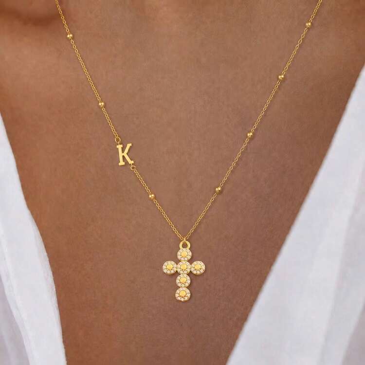 1 buah Kalung Rantai Manik-Manik Baja Tahan Karat Emas Liontin Inisial Salib Modis Baru untuk Wanita - Yellow Gold - View 1