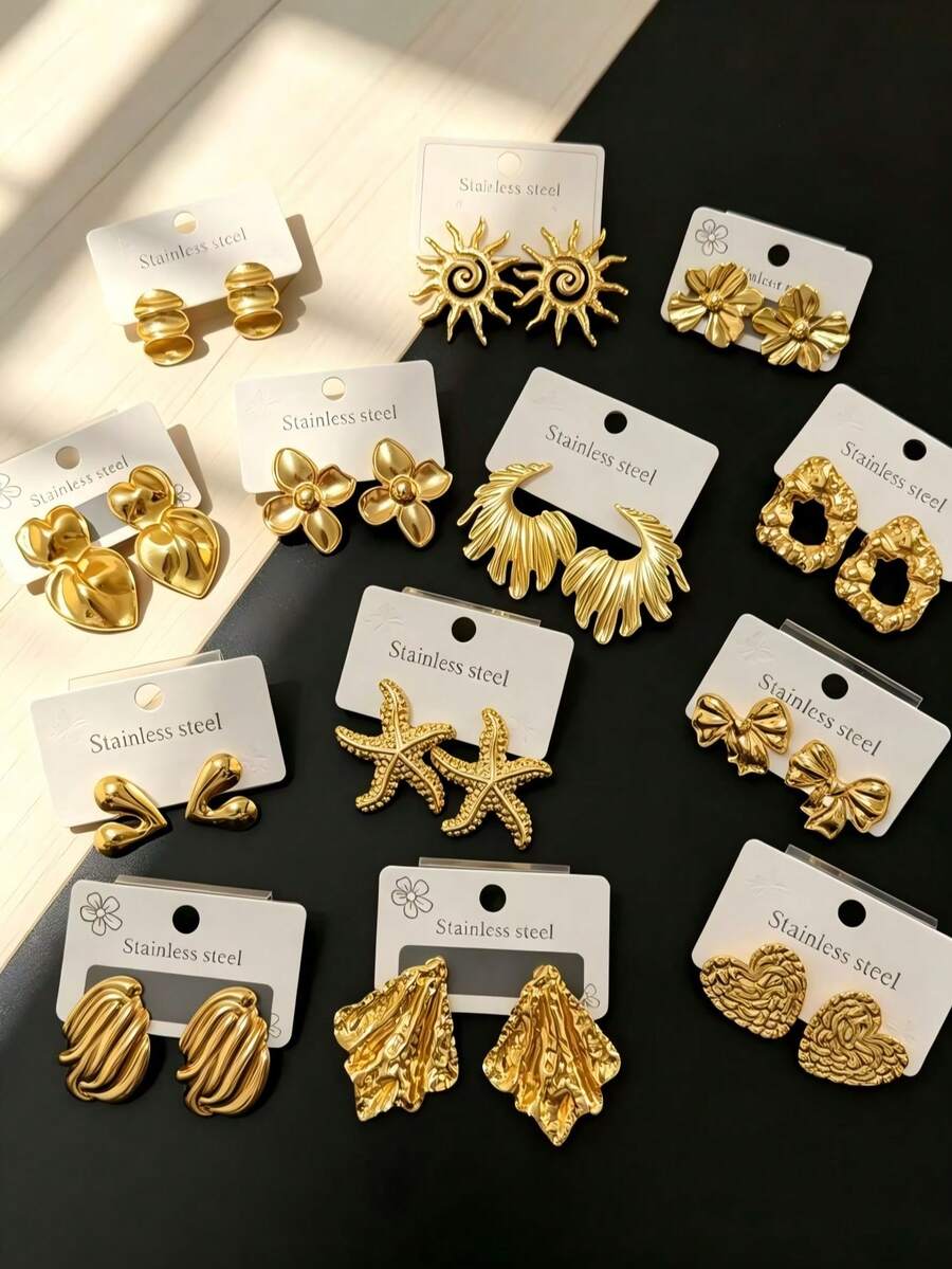 2/4/8 Pairs Women's Gold Stainless Steel Fashion Geometric Oval/Hollow Earrings, High Quality Low Allergy Daily Wear Earrings, Gold Earrings - Gold - View 1