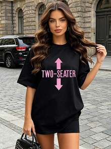 Women's Summer Casual Soft Round Neck Short Sleeve T-Shirt, The Two-Seater Text Graphic Print Is Ideal For Spring And Summer Outfits.White - Black - View 1