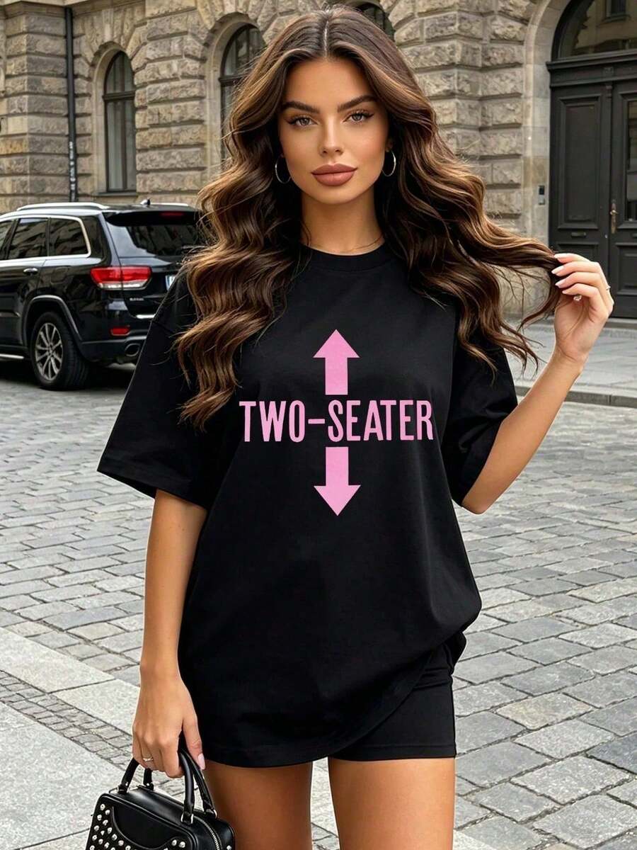 Women's Summer Casual Soft Round Neck Short Sleeve T-Shirt, The Two-Seater Text Graphic Print Is Ideal For Spring And Summer Outfits.White - Black - View 1