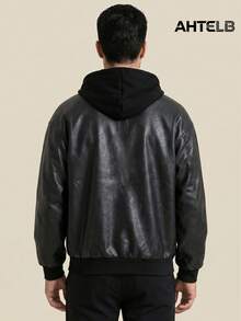 AHTELB Black Faux Leather Motorcycle Jacket, Casual Baseball Collar Leather Jacket, Loose Hooded Leather Jacket For Autumn/Winter, Hooded Leather Top, Vintage Street Style Leather Jacket, Versatile Black Leather Jacket For Commuting, Drawstring Hooded Casual Leather Jacket, Gift For Husband, Boyfriend, Friend, Client, Father - Black - View 2