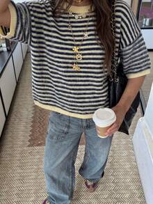 女款休閒可愛 Y2K 條紋短袖羊毛短版針織套頭毛衣上衣 黃色 - 黃色 - 查看 5
