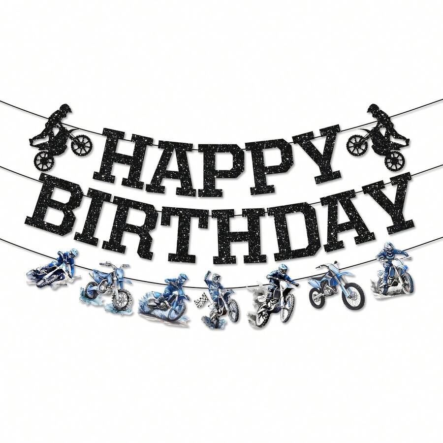 1 Set (22pcs) Happy Birthday Banner With Black Glitter Letters, Dirt Bike, Flag, Motorcycle Racing Theme Party Wall Hanging Garland, Suitable For Racing Theme Birthday Party Background Decoration - A - View 1