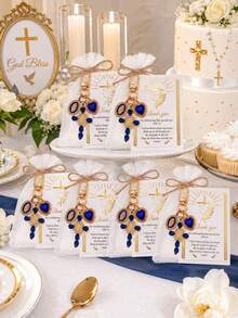 20 Sets Christian Baptism Favors, Elegant Rhinestone Cross Keychain With Virgin Mary Pendant, Prayer Thank You Cards And Organza Bags, First Communion Baptism Return Gift Set, Christian Baby Party Supplies, Back To School Party, Party Supplies - Blue - View 2