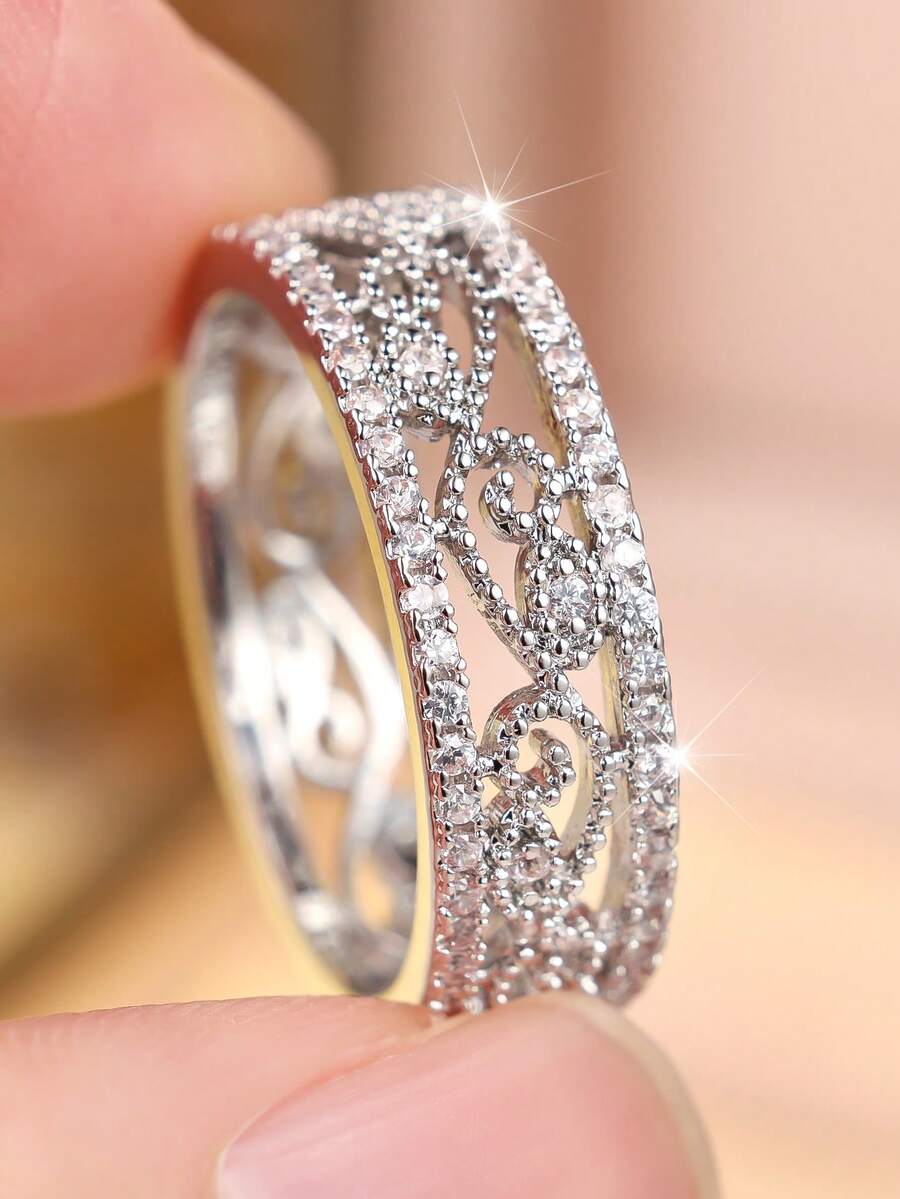 1pc Exquisite Round White Cubic Zirconia White K-Plated Women's Ring, Suitable For All Special Celebrations Throughout The Year, Enhancing Your Charm - White - View 1