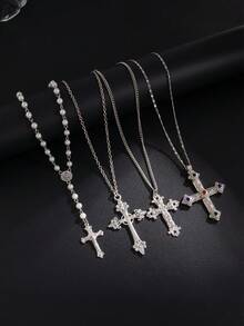 4 piezas Collar con colgante de cruz vintage punk, collar de perlas falsas personalizado de hip hop para hombres, uso casual diario y de fiesta, regalo de vacaciones - 4 piezas - Ver 17