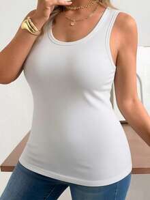 2pcs Women Plus Size Round Neck Ribbed Tank Top Daily Commute Basic Sleeveless Solid Color Undershirt - Multicolor - View 4