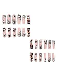 24pcs Halloween Long Coffin Press On Nails, Nude Beige Glossy Fake Nails With Spider & Pumpkin Face Print, Accented With Tiny 3D Rhinestones,Reusable Manicure Nail Kit,Suitable For Girls And Women Daily Wear, Holiday Party And Gift - Multicolor - View 3