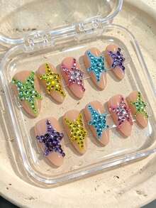 10pcs Pure Handmade Almond Multicolor Press On Nails, Y2k Vintage Cool Style, Nude Base, Colorful Rhinestone Five-Pointed Star Patterns For Women And Girls, Spring Summer Fall Winter Festivals Party And Daily Life Use - Multicolor - View 1