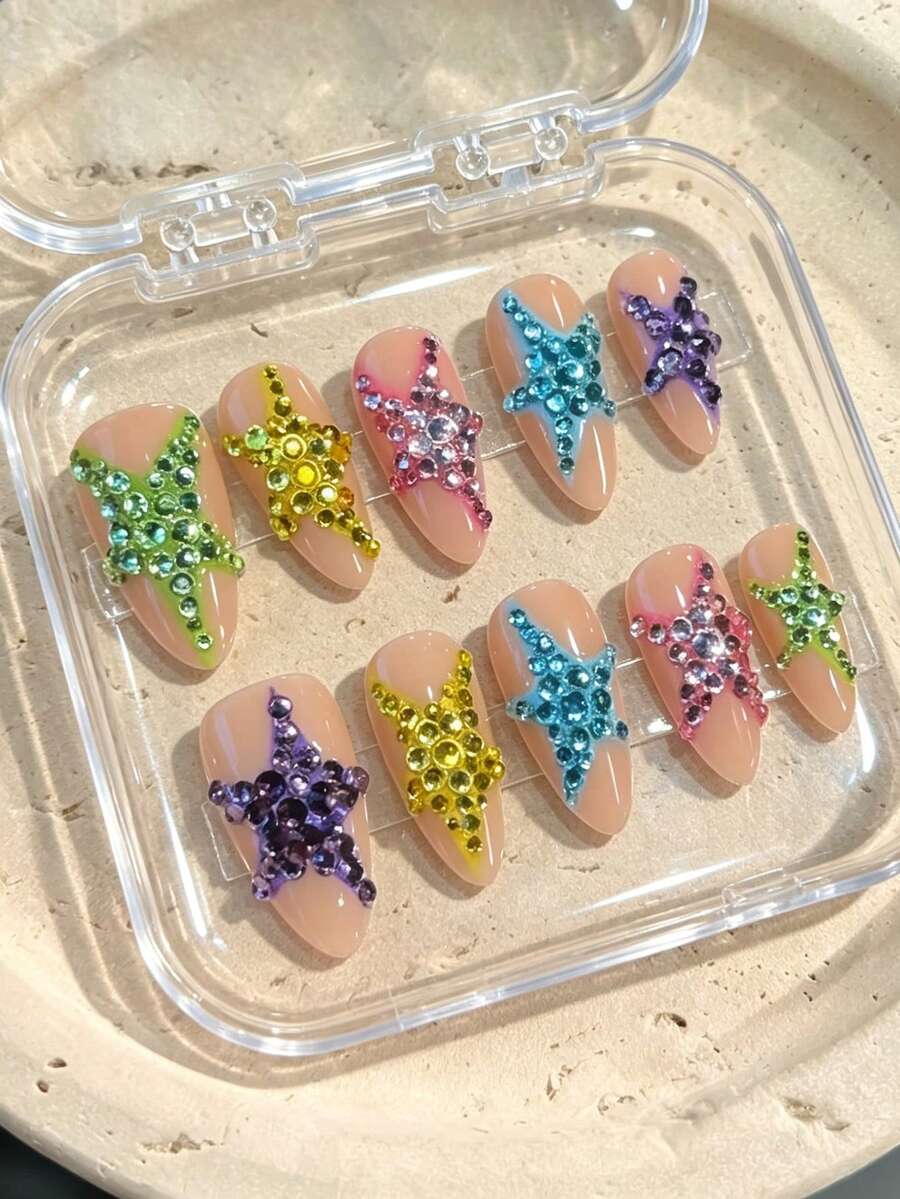 10pcs Pure Handmade Almond Multicolor Press On Nails, Y2k Vintage Cool Style, Nude Base, Colorful Rhinestone Five-Pointed Star Patterns For Women And Girls, Spring Summer Fall Winter Festivals Party And Daily Life Use - Multicolor - View 1
