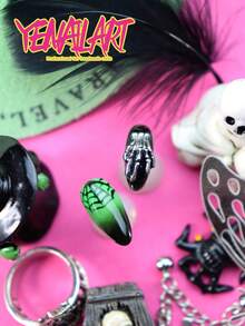 10 Peças Unhas Postiças Curtas Amendoado, Unhas Verde Preto Branco, Degradê, Mão, Teia de Aranha, Anjo, Corrente, Elegante Junk Punk Cobertura Total Acrílica Unhas Postiças Feitas à Mão, Suprimentos de Unhas de Halloween para Meninas & Mulheres, Suprimentos de Unhas para Uso Diário, Festa, Hallowmas - Preto - Visão 6