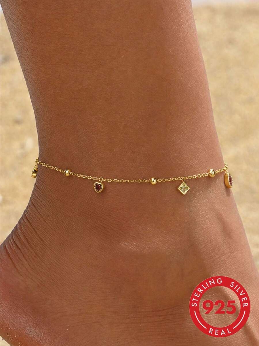 1pc S925 Sterling Silver Fresh Dopamine Cute Geometric Water Drop Square Pendant Anklet For Women, Luxury Fashion French Lazy Style Party Versatile Niche Exquisite Tassel Foot Chain - Geometry - View 1