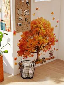 1pc/2pcs/3pcs, Children's Room Cartoon Decorative Wall Stickers, Autumn Maple Tree With Small Animals, Flowers, Owl, Bear, Fox, Hedgehog, Girl Riding Bike Under Blue Tree, Green Cartoon Big Tree, PVC Self-Adhesive Removable Wall Stickers, Suitable For Bedroom, Living Room, Study, Dining Room, Bathroom, Home Wall Decor, Room Decoration - Multicolor - View 2