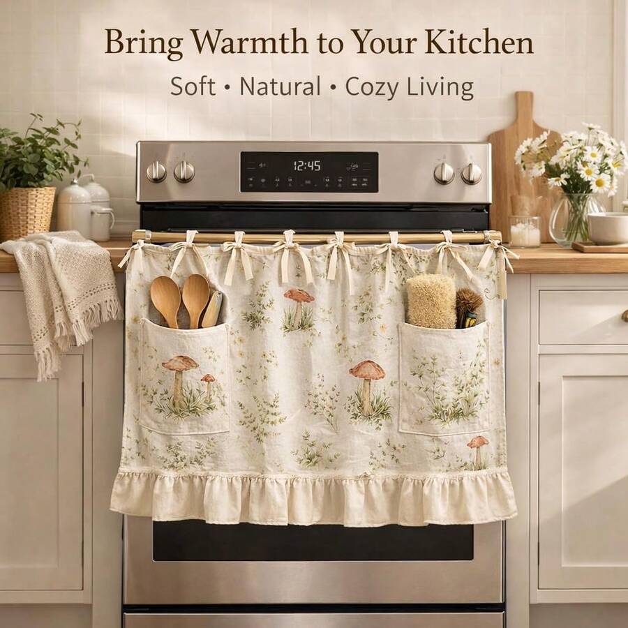 Pocket Oven Skirt, Handmade Oven Skirt, Modern Farmhouse Kitchen Decor, Ribbon Tie, Label And Ruffle Trim, Suitable For Dishwasher, Washing Machine And Range, Dust Cover To Hide Clutter - Multicolor - View 1