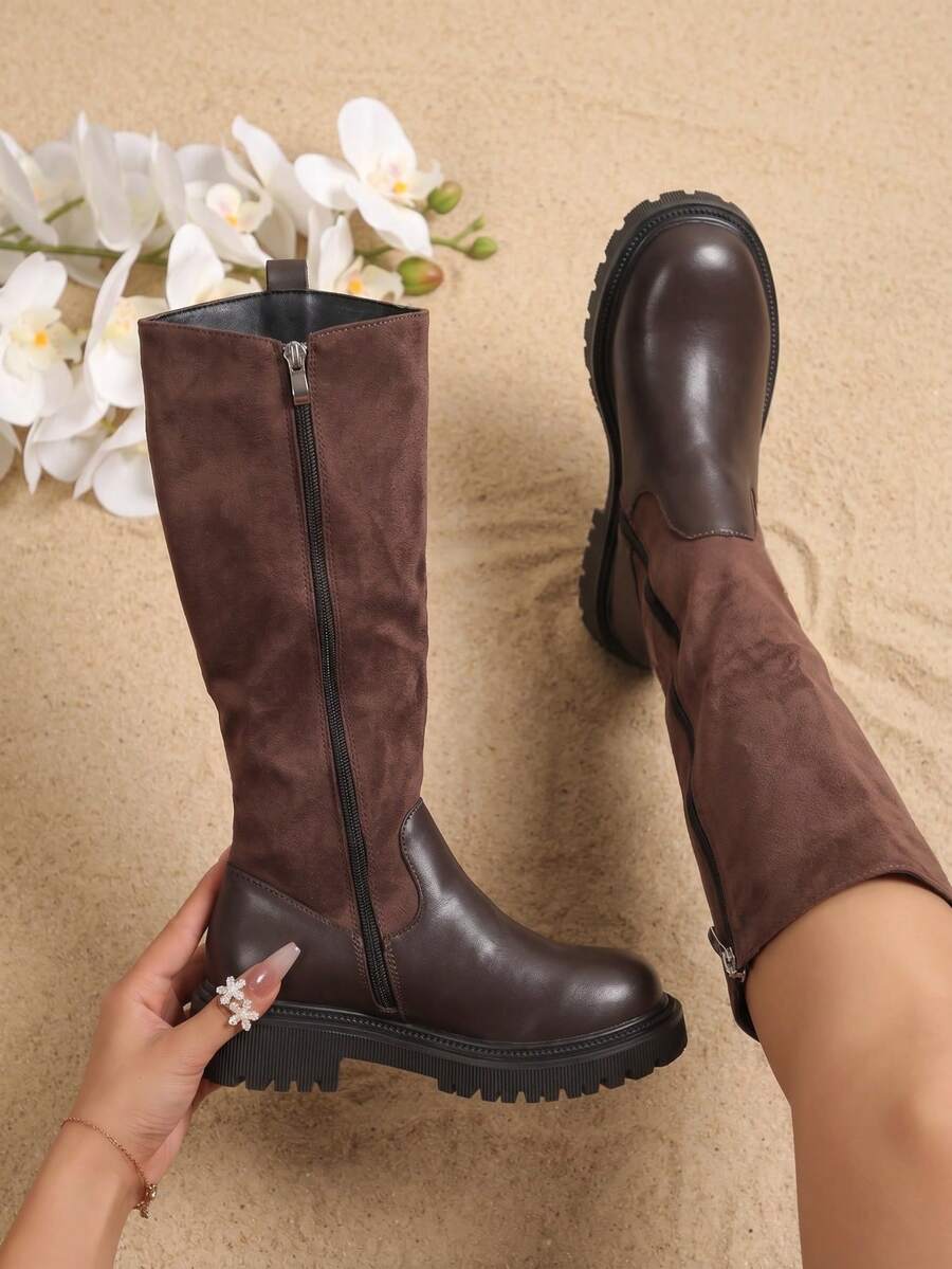 秋冬西式復古厚底蝴蝶結高筒靴,修身百搭膝高通勤靴,時尚優雅舒適 - 棕色 - 查看 1