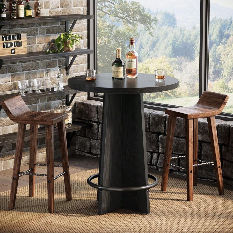 Tribesigns 37.4'' Tall Round Bar Table, Wooden Bistro Pub Table With Base And Metal Ring Footrest, Cocktail Desk For Coffee House, Kitchen Dining, Easy To Assemble, Brown And Black (Chairs Not Included) - Black - View 1