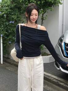 女款韓式簡約 2 合 1 百褶長袖 T 恤休閒款 - 藏青色 - 查看 4