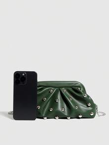 Vintage-Style Pleated Clutch With Rivet Decoration, Ruffled, Cloud-Patterned Beach Bag For Women, Fashionable Clutch Handbag With Chain Strap - 綠色 - 查看 7