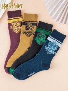 4 Pairs Unisex Socks Harry Potter Series Warner Bros. Co-Branded Featuring School Design, Solid Color, Sweat-Absorbent And Breathable, Suitable For Students, Couples And Movie Fans - Multicolor - View 4