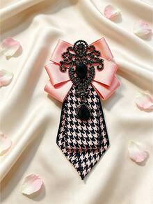 Vintage Houndstooth Bow Tie Necklace, Satin Bow With Rhinestone Decor Neckpiece, Preppy Shirt Collar Accessory - Tie - View 9