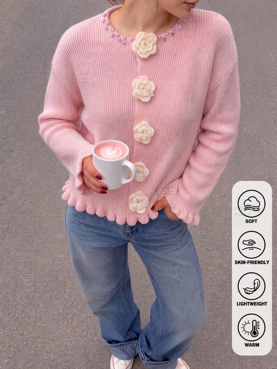 Romantic Pink Round Neck Knit Cardigan 3D Rose Fasteners Ruffle Edge Long Sleeve For Fall Holiday Brunch City Strolls - Pink - View 1