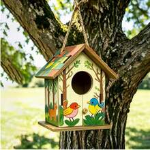 Hand-Painted Wooden Hanging Birdhouse, Forest Animal Bird & Deer Print Bird Nest, With Hanging Rope, Colorful Tiled Roof Bird Shelter, Outdoor Garden Backyard Tree Decoration, Gift For Bird Lovers - A - View 6