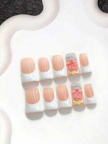 10片法式極簡風手工穿戴甲，Polygel美甲套組，花瓣元素，粉色與白色指甲油，清新青春風格，附美甲工具，3種尺寸可選，杏仁甲、鴨嘴甲、棺材甲，適合派對、舞蹈、日常穿戴 - 彩色 - 查看 18