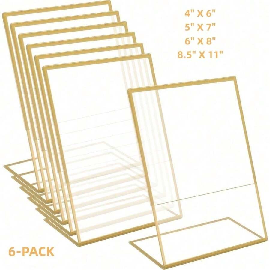 6pcs 4x6 Inches/5x7 Inches/6x8 Inches/8.5x11 Inches, Acrylic Gold Frame, L-Shaped Slanted Back Table Sign Holder Suitable For Wedding Table Numbers, Restaurant Signs, Photos And Art Displays