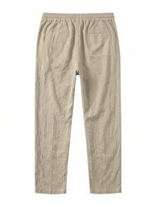 Men's Solid Color Linen Casual Pants, Thin Straight Leg Long Trousers, Breathable Beach Vacation Style, Elastic Waist With Drawstring, Versatile Daily Wear - Khaki - View 7