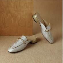 Women's Flat Slip-On Mule Shoes, Chunky Low Heel Closed Toe Half-Slippers, Fashion Round Toe Mid-Heel Casual Outdoor Wear - Apricot - View 5