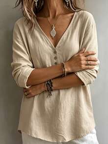 Women's Elegant Long Sleeve Button-Up Shirt, Regular Fit Solid Color Top, Suitable For Spring And Autumn, Casual Vacation Style Regular Hem Top - Khaki - View 2