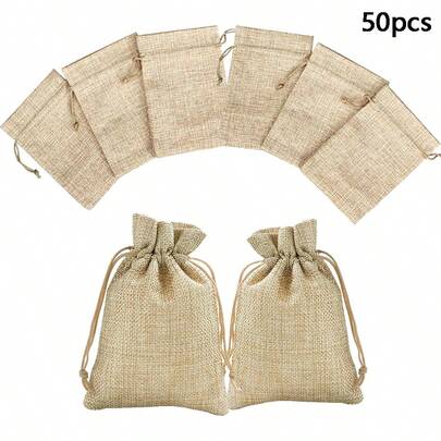50pcs Burlap Gift Bags, Linen Jewelry Bags With Drawstring, Suitable For Birthday, Party, Wedding Gifts, DIY Crafts (3.9 Inch X 5.5 Inch)