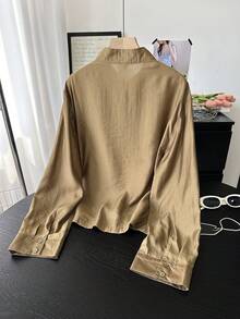 FGGG 女款新中式青蛙鈕扣長袖春夏秋節慶街頭時尚百搭金色復古緞面襯衫 - 金色 - 查看 7