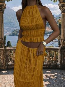 Women's Chiffon Multi-Layer Ruffled Lace Trim Camisole Backless Set, Romantic Elegant 2-Piece Set. Summer Yellow - Yellow - View 8