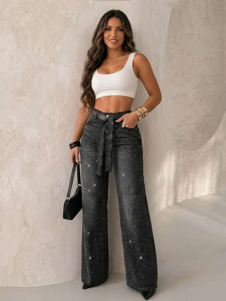 ChicMe Jeans de cintura alta y pierna ancha con aplicaciones de strass para mujer - Jeans con cinturón decorado con strass - Negro - Añade 4