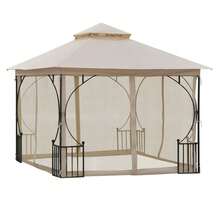 Carpa de jardín, 295 x 295 x 275 cm, con doble techo, mosquitera, 8 ojales en los aleros, buena circulación de aire, poliéster, beige + negro en el lugar. - Beige + Metal - Ver 1